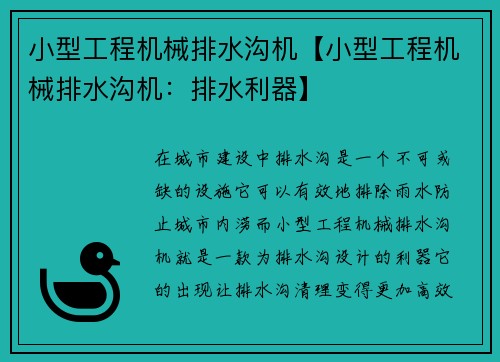 小型工程机械排水沟机【小型工程机械排水沟机：排水利器】